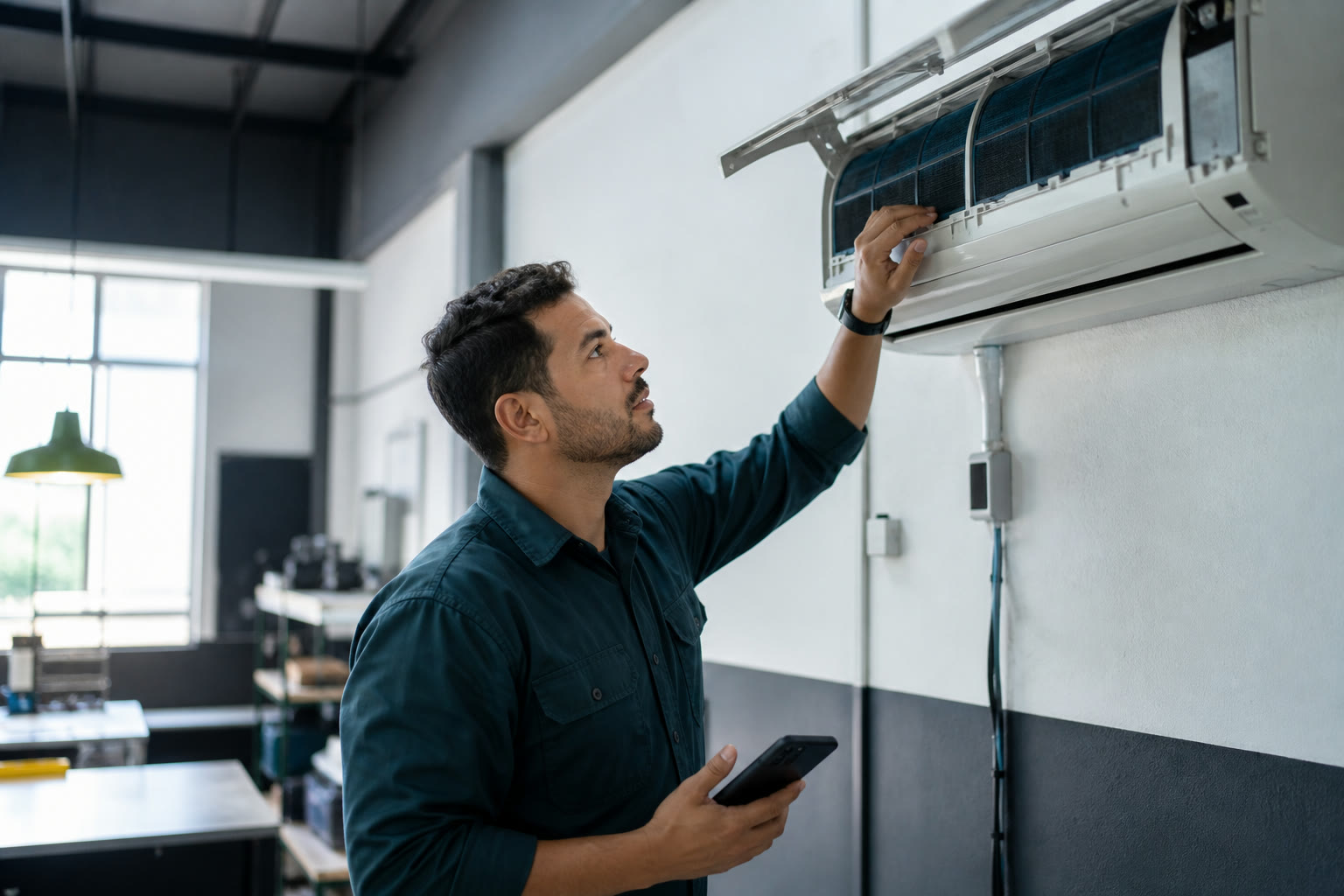 Técnico realizando manutenção em equipamento com apoio de celular